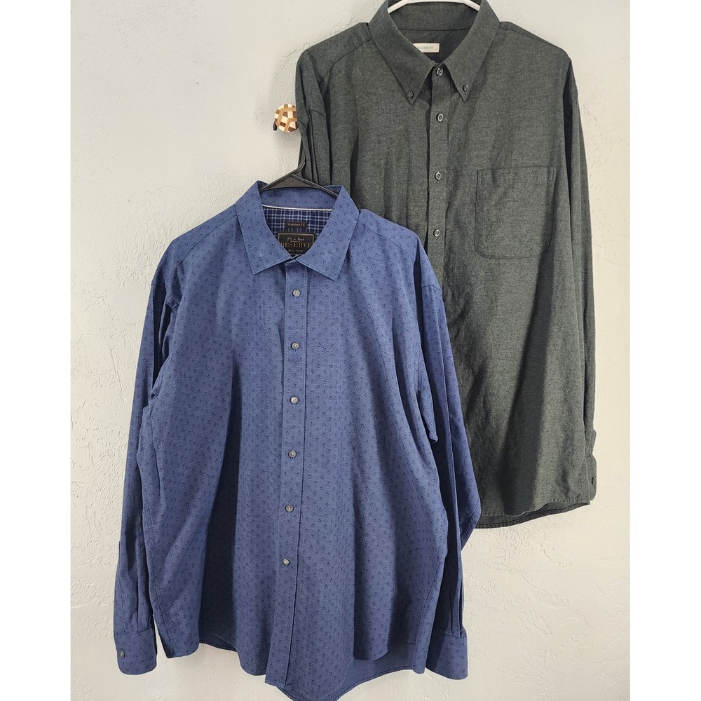 x2 Jos A Bank Mens XL Blue Dark Green Long Sleeve Button Down Dress Shirt‎
